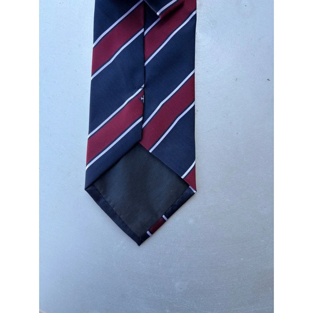 Navy Blue Burgundy White Striped Silk-Feel Microfill Classic Mens Necktie Logo